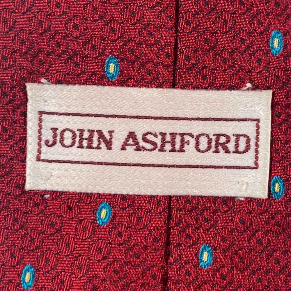 John Ashford Mens Burgundy Red Geometric Teal‎ Dot Silk Blend Necktie 2894 - Picture 3 of 6